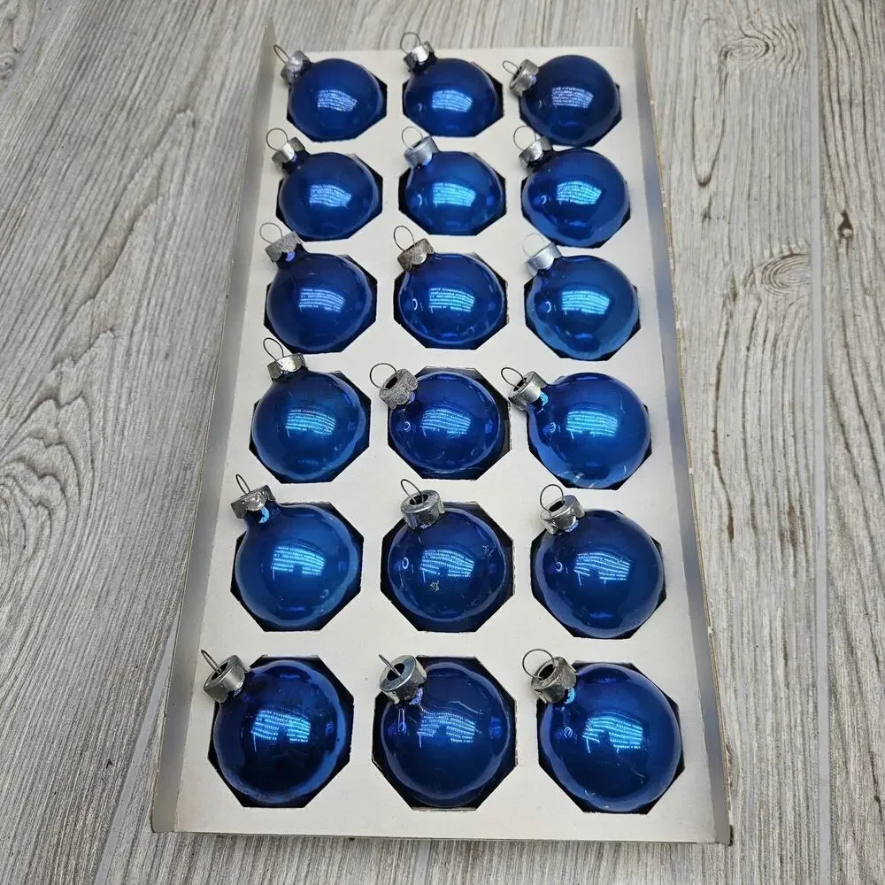Vintage Pyramid Jumbo Blue‎ Glass Christmas Ornaments Set 18 USA Box Tree Decor